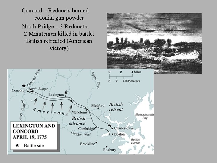 Concord – Redcoats burned colonial gun powder North Bridge – 3 Redcoats, 2 Minutemen