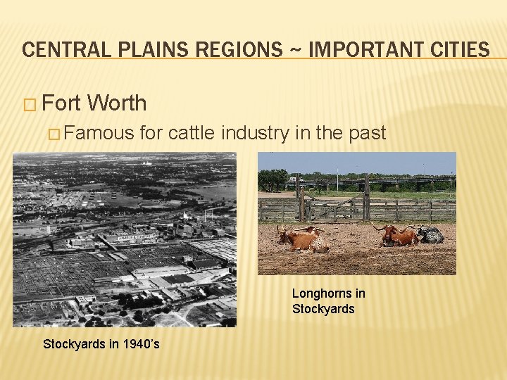 CENTRAL PLAINS REGIONS ~ IMPORTANT CITIES � Fort Worth � Famous for cattle industry