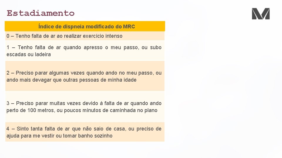 Estadiamento Índice de dispneia modificado do MRC 0 – Tenho falta de ar ao