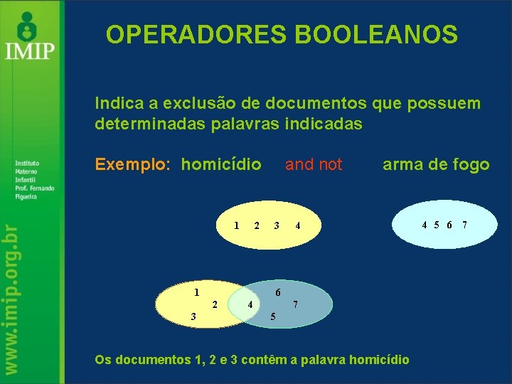 OPERADORES BOOLEANOS Indica a exclusão de documentos que possuem determinadas palavras indicadas Exemplo: homicídio