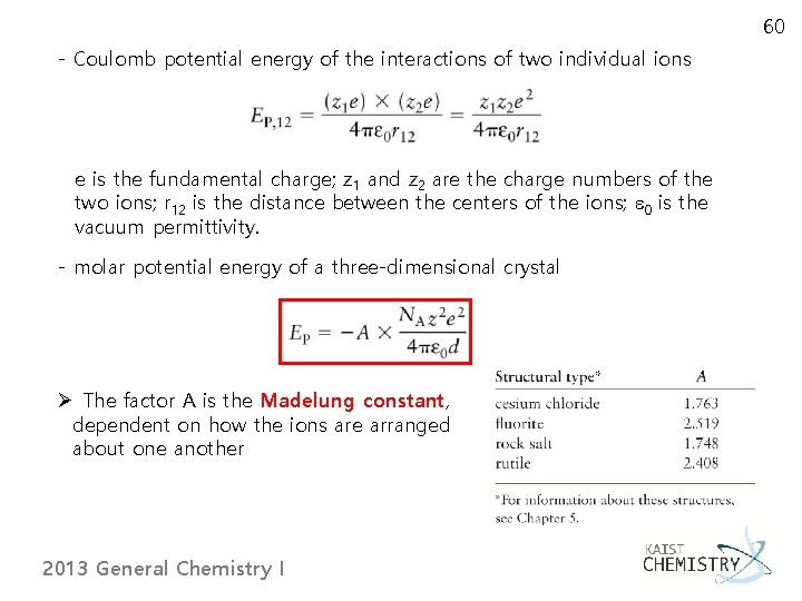 60 - Coulomb potential energy of the interactions of two individual ions e is