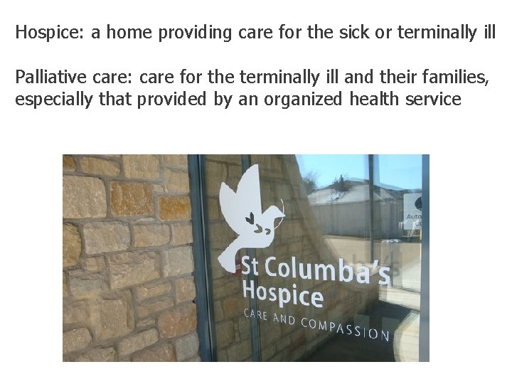 Hospice: a home providing care for the sick or terminally ill Palliative care: care