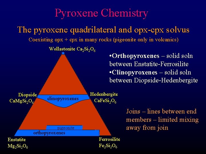 Pyroxene Chemistry The pyroxene quadrilateral and opx-cpx solvus Coexisting opx + cpx in many