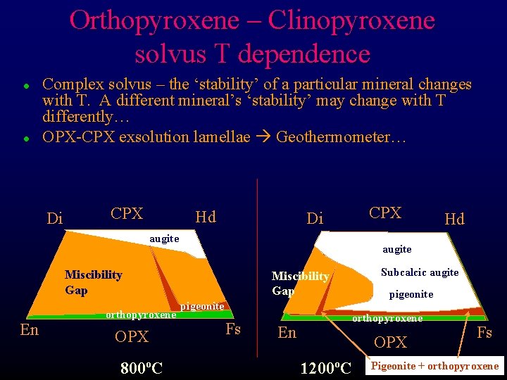 Orthopyroxene – Clinopyroxene solvus T dependence l l Complex solvus – the ‘stability’ of