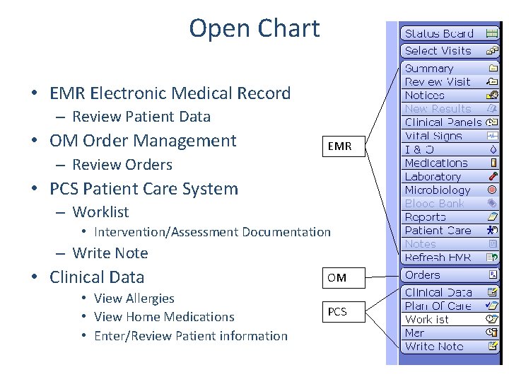 Open Chart • EMR Electronic Medical Record – Review Patient Data • OM Order