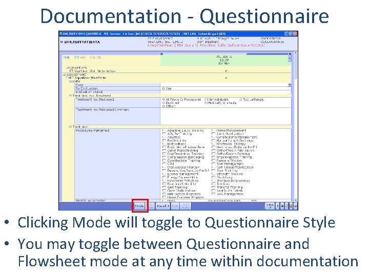 Documentation - Questionnaire • Clicking Mode will toggle to Questionnaire Style • You may