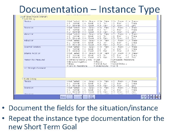 Documentation – Instance Type • Document the fields for the situation/instance • Repeat the