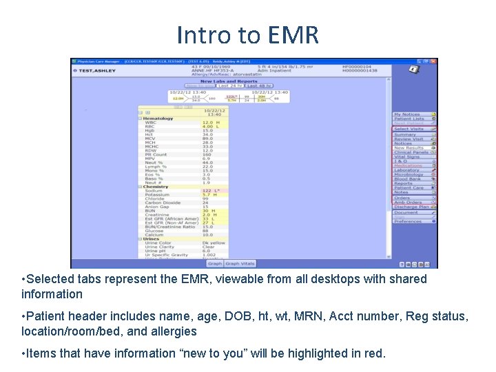 Intro to EMR • Selected tabs represent the EMR, viewable from all desktops with