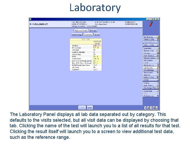Laboratory The Laboratory Panel displays all lab data separated out by category. This defaults