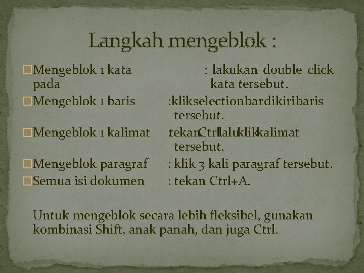 Langkah mengeblok : �Mengeblok 1 kata pada �Mengeblok 1 baris �Mengeblok 1 kalimat �Mengeblok