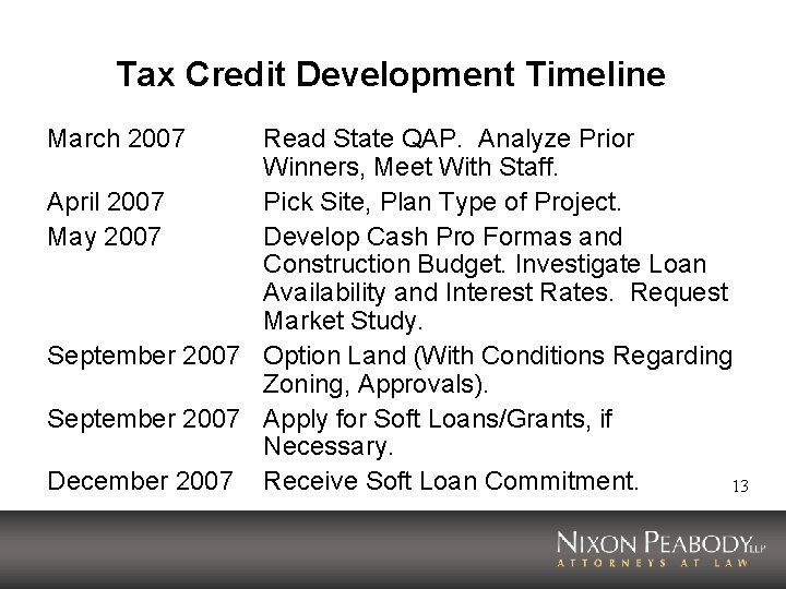 Tax Credit Development Timeline March 2007 Read State QAP. Analyze Prior Winners, Meet With