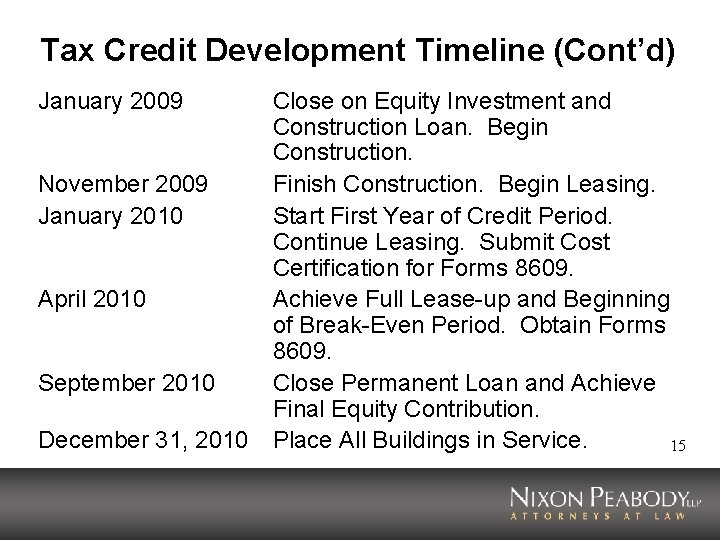 Tax Credit Development Timeline (Cont’d) January 2009 Close on Equity Investment and Construction Loan.