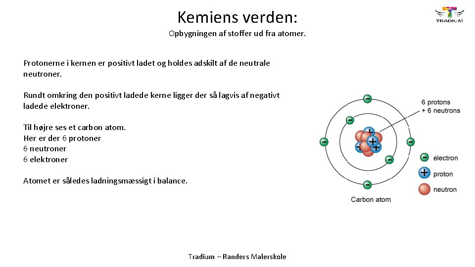 Kemiens verden: Opbygningen af stoffer ud fra atomer. Protonerne i kernen er positivt ladet