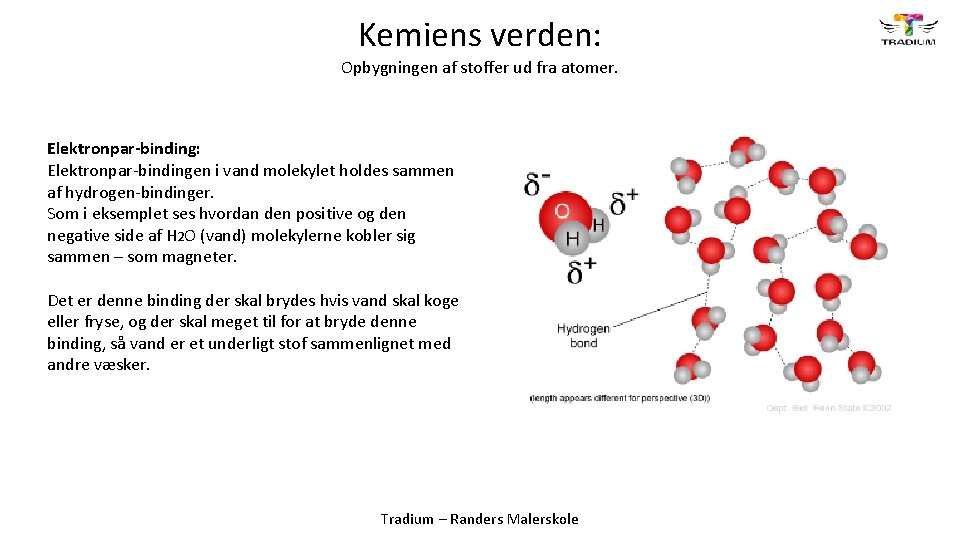 Kemiens verden: Opbygningen af stoffer ud fra atomer. Elektronpar-binding: Elektronpar-bindingen i vand molekylet holdes