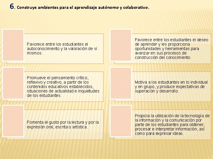 6. Construye ambientes para el aprendizaje autónomo y colaborativo. Favorece entre los estudiantes el