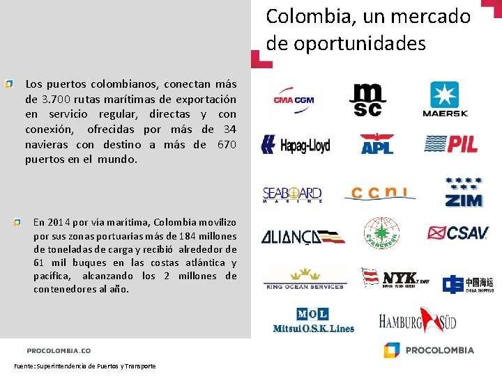 Colombia, un mercado de oportunidades Los puertos colombianos, conectan más de 3. 700 rutas