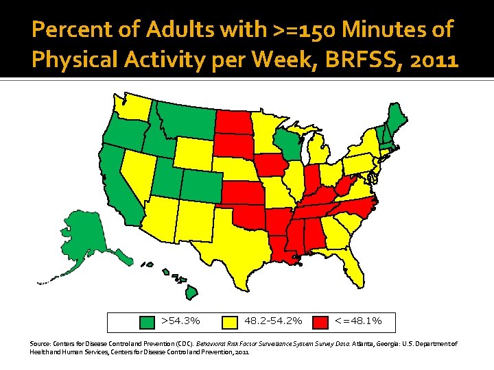 Percent of Adults with >=150 Minutes of Physical Activity per Week, BRFSS, 2011 >54.