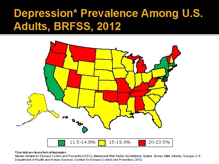 Depression* Prevalence Among U. S. Adults, BRFSS, 2012 11. 5 -14. 8% 15 -19.