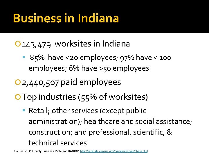 Business in Indiana 143, 479 worksites in Indiana 85% have <20 employees; 97% have