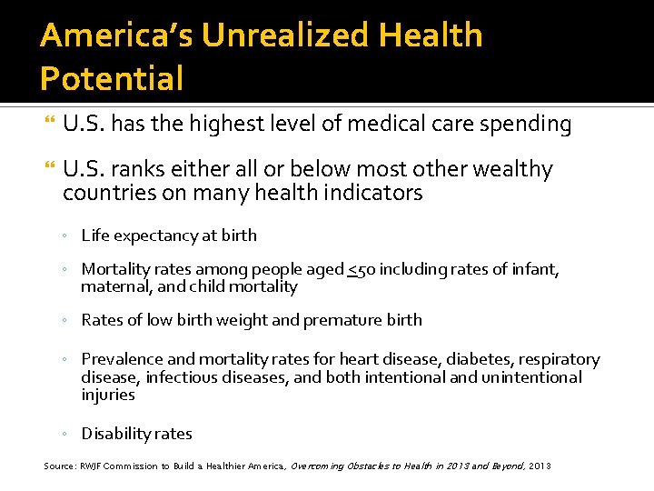 America’s Unrealized Health Potential U. S. has the highest level of medical care spending