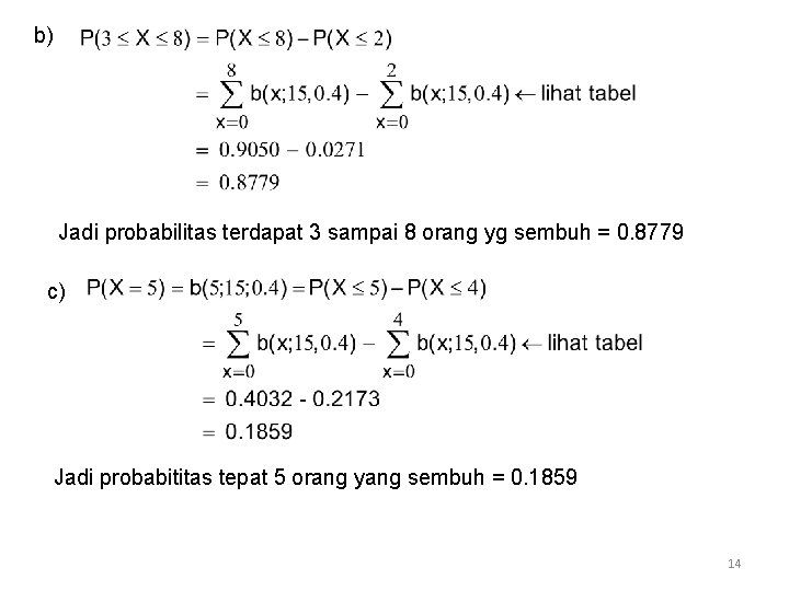 b) Jadi probabilitas terdapat 3 sampai 8 orang yg sembuh = 0. 8779 c)
