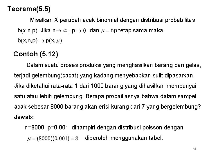 Teorema(5. 5) Misalkan X perubah acak binomial dengan distribusi probabilitas b(x, n, p). Jika