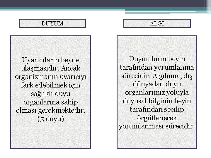 DUYUM ALGI Uyarıcıların beyne ulaşmasıdır. Ancak organizmanın uyarıcıyı fark edebilmek için sağlıklı duyu organlarına