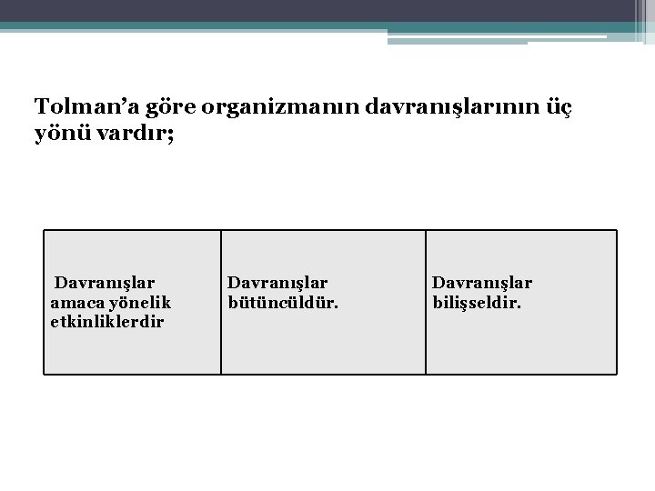 Tolman’a göre organizmanın davranışlarının üç yönü vardır; Davranışlar amaca yönelik etkinliklerdir Davranışlar bütüncüldür. Davranışlar