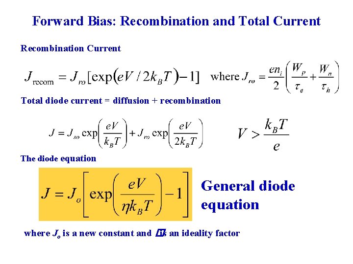 Forward Bias: Recombination and Total Current Recombination Current Total diode current = diffusion +