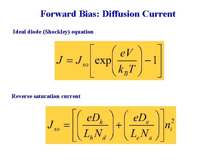 Forward Bias: Diffusion Current Ideal diode (Shockley) equation Reverse saturation current 