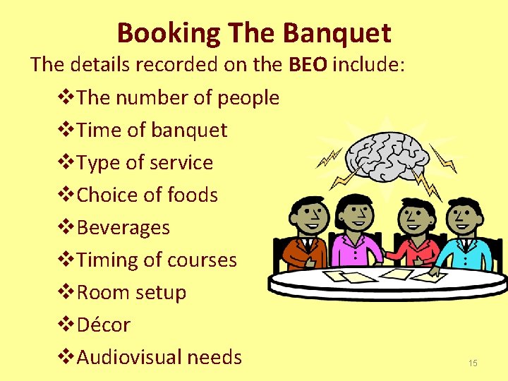 Booking The Banquet The details recorded on the BEO include: v. The number of