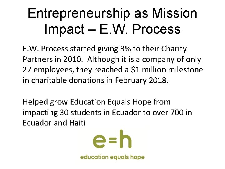 Entrepreneurship as Mission Impact – E. W. Process started giving 3% to their Charity