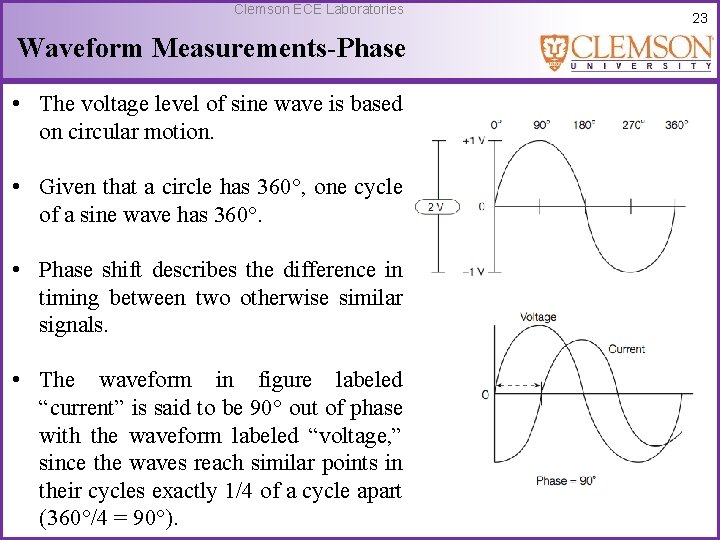 Clemson ECE Laboratories Waveform Measurements-Phase • The voltage level of sine wave is based