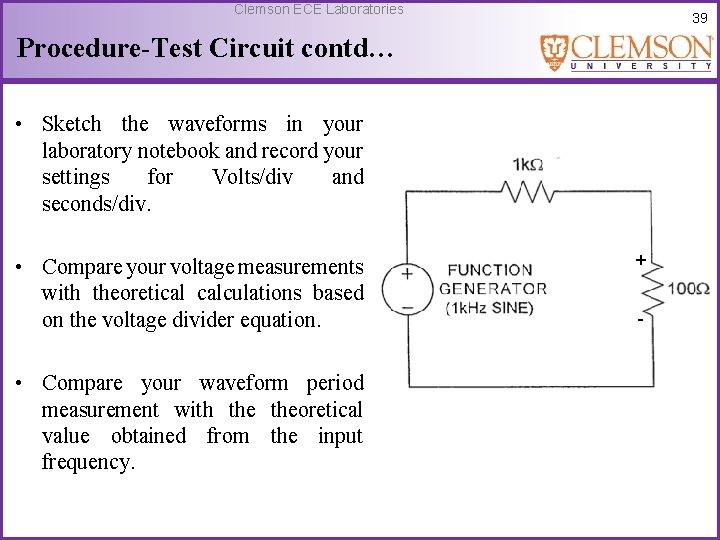 Clemson ECE Laboratories 39 Procedure-Test Circuit contd… • Sketch the waveforms in your laboratory