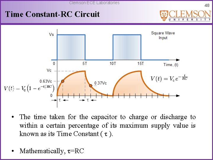 Clemson ECE Laboratories Time Constant-RC Circuit • The time taken for the capacitor to