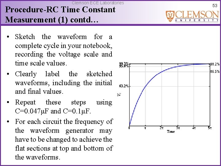 Clemson ECE Laboratories Procedure-RC Time Constant Measurement (1) contd… • Sketch the waveform for
