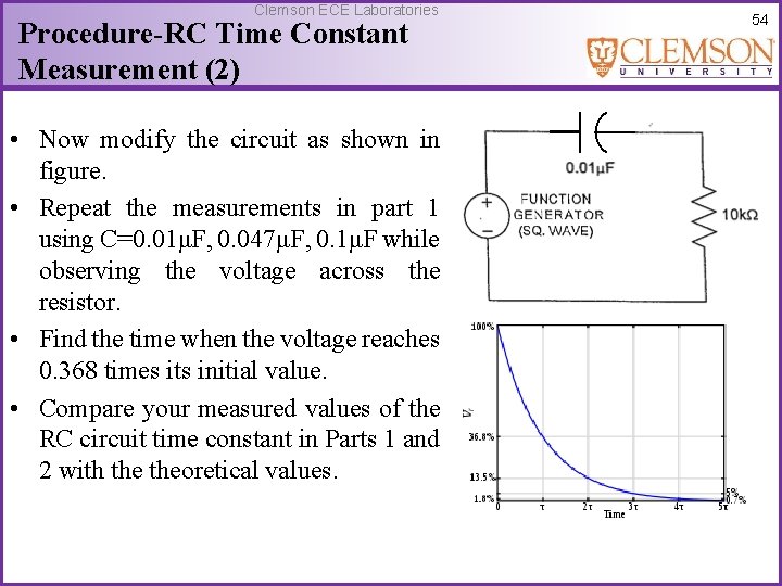 Clemson ECE Laboratories Procedure-RC Time Constant Measurement (2) • Now modify the circuit as