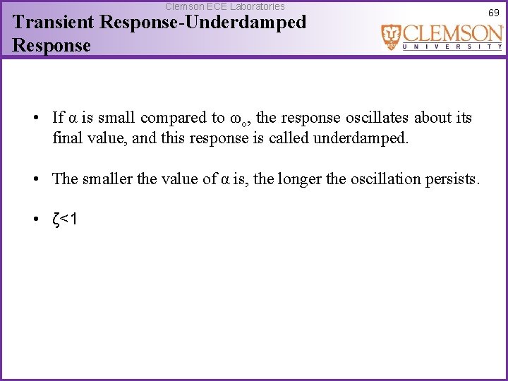 Clemson ECE Laboratories Transient Response-Underdamped Response • If α is small compared to ωo,