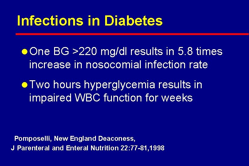 Infections in Diabetes l One BG >220 mg/dl results in 5. 8 times increase