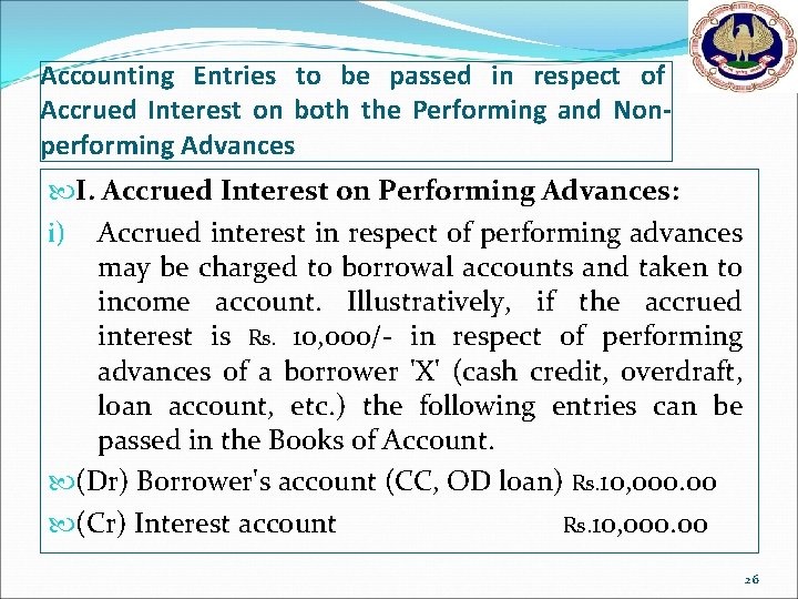 Accounting Entries to be passed in respect of Accrued Interest on both the Performing