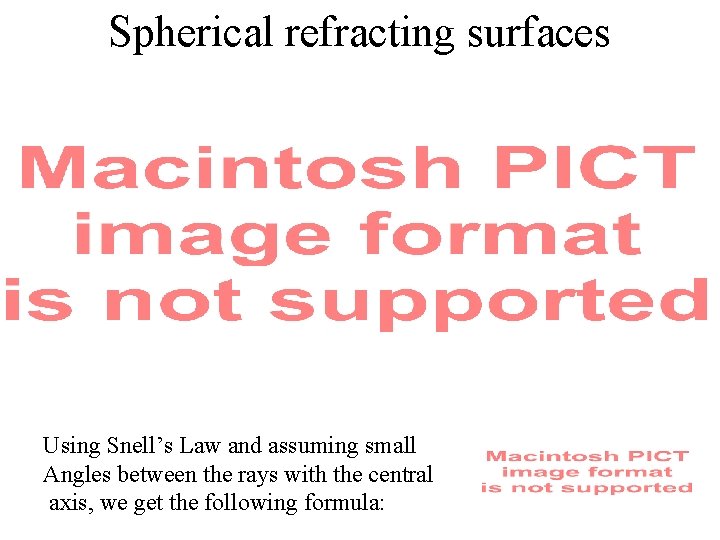 Spherical refracting surfaces Using Snell’s Law and assuming small Angles between the rays with