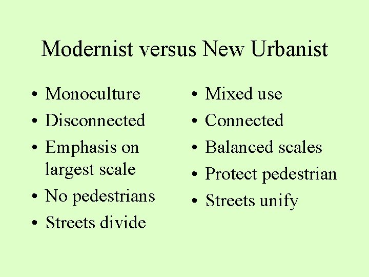 Modernist versus New Urbanist • Monoculture • Disconnected • Emphasis on largest scale •