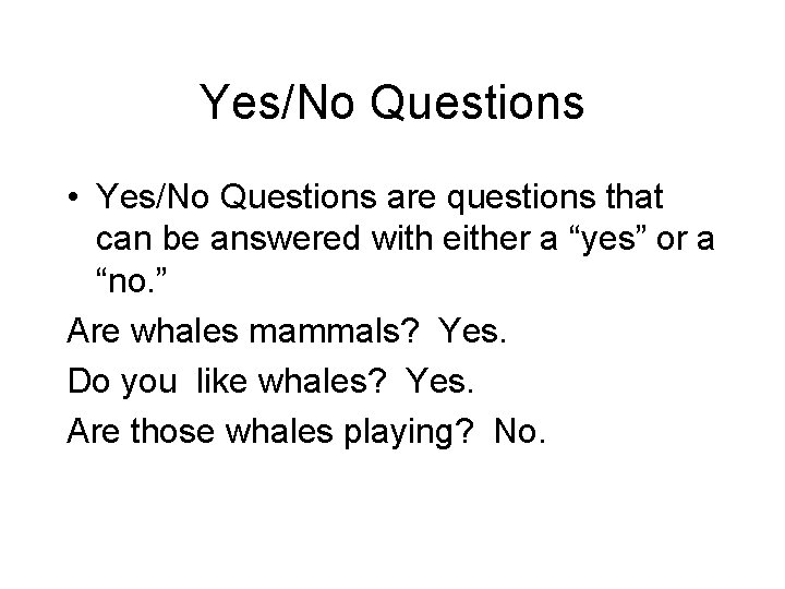 Yes/No Questions • Yes/No Questions are questions that can be answered with either a