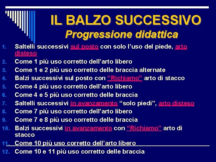 IL BALZO SUCCESSIVO Progressione didattica Saltelli successivi sul posto con solo l’uso del piede,