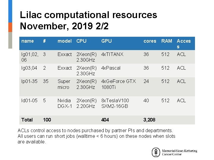 Lilac computational resources November, 2019 2/2 name # model CPU lg 01, 02, 06