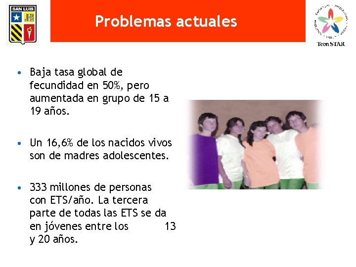 Problemas actuales • Baja tasa global de fecundidad en 50%, pero aumentada en grupo