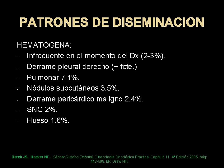 PATRONES DE DISEMINACIÓN HEMATÓGENA: Infrecuente en el momento del Dx (2 -3%). Derrame pleural