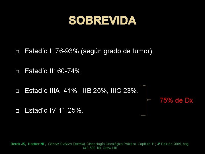 SOBREVIDA Estadío I: 76 -93% (según grado de tumor). Estadío II: 60 -74%. Estadío