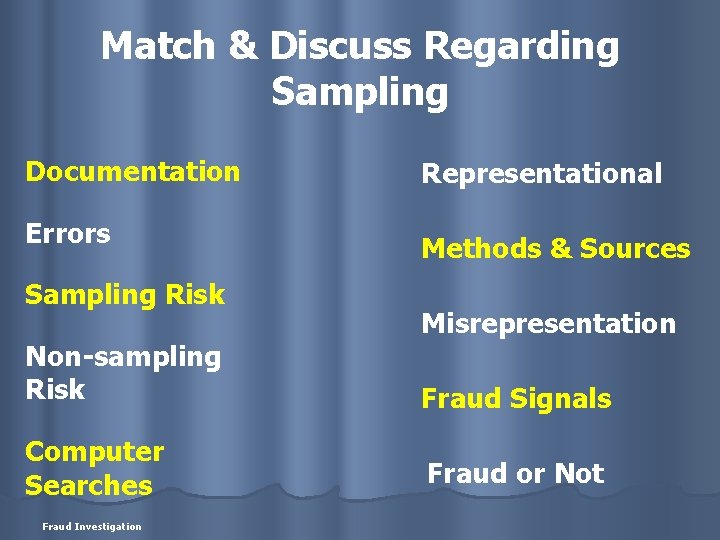Match & Discuss Regarding Sampling Documentation Errors Sampling Risk Non-sampling Risk Computer Searches Fraud