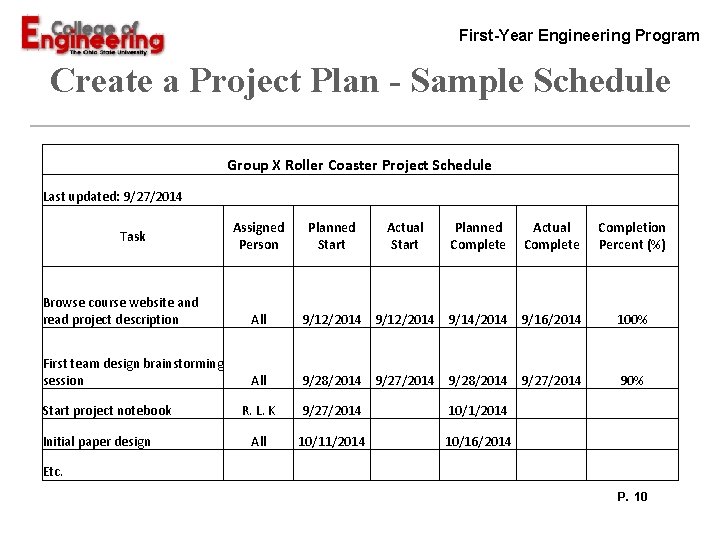First-Year Engineering Program Create a Project Plan - Sample Schedule Group X Roller Coaster